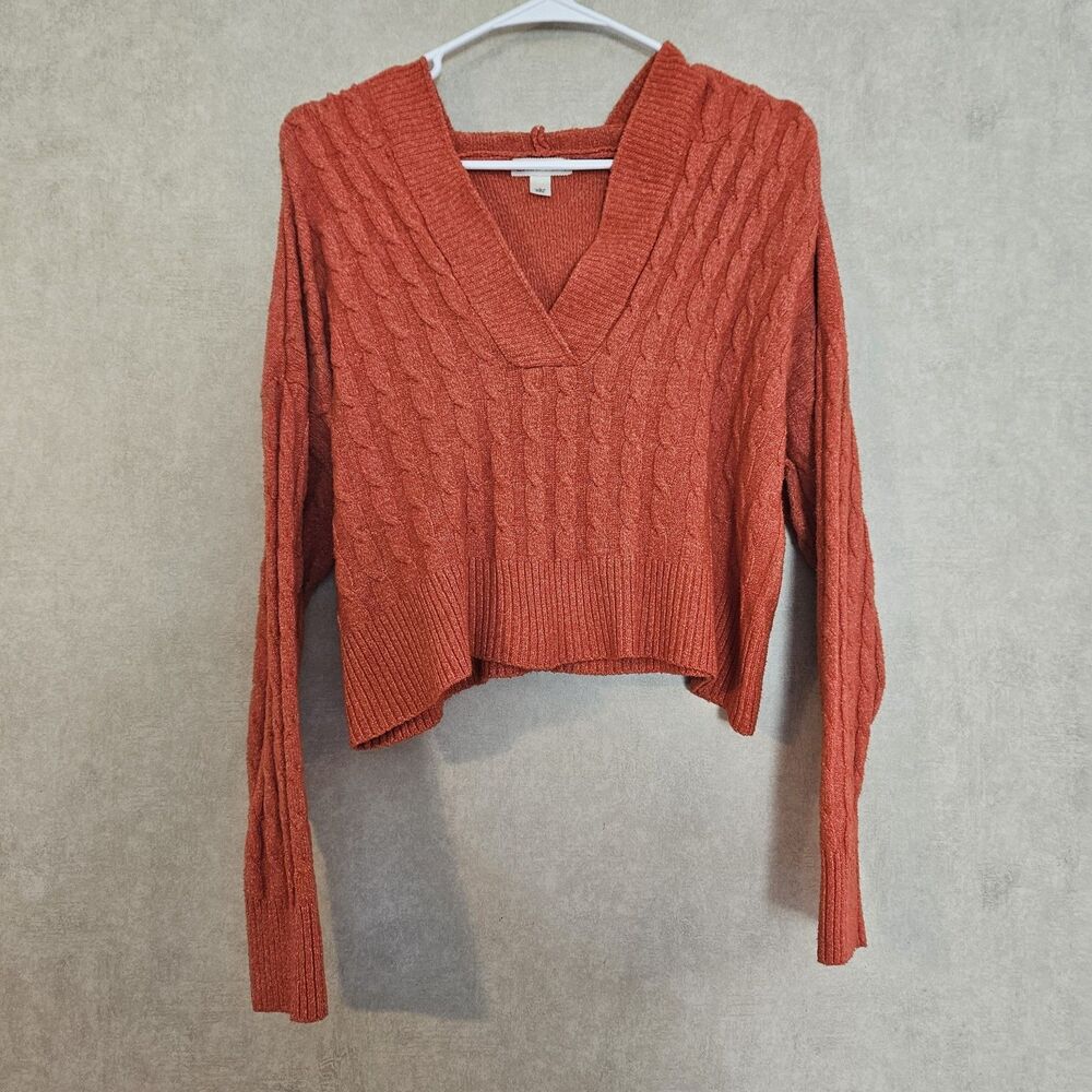 Derek Heart Womens L Hooded Cable Knit Cropped Sweater Orange Coral Y2K Boho